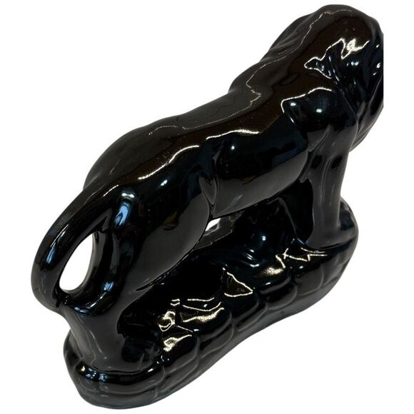 Vtg MCM Black Ceramic Stalking Lion Cat Figurine Green Eyes 9” Gloss Art Rare - Picture 7 of 16